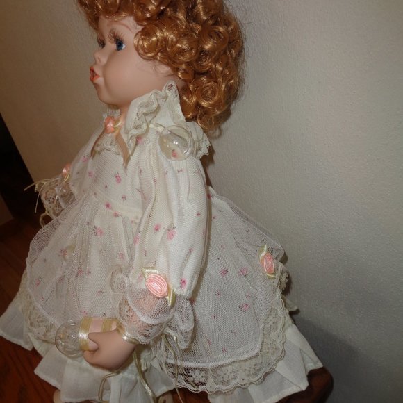 Blowing Bubbles Porcelain Doll with Wand & Bubbles and Seat To Sit On 15 Inch - Picture 3 of 10